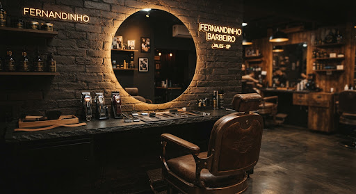 Cadeira e espelho no ambiente da barbearia Fernandinho.