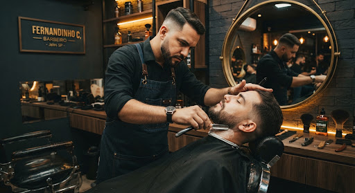Barbeiro cuidando da barba de um cliente no espaço Fernandinho, em Jales.